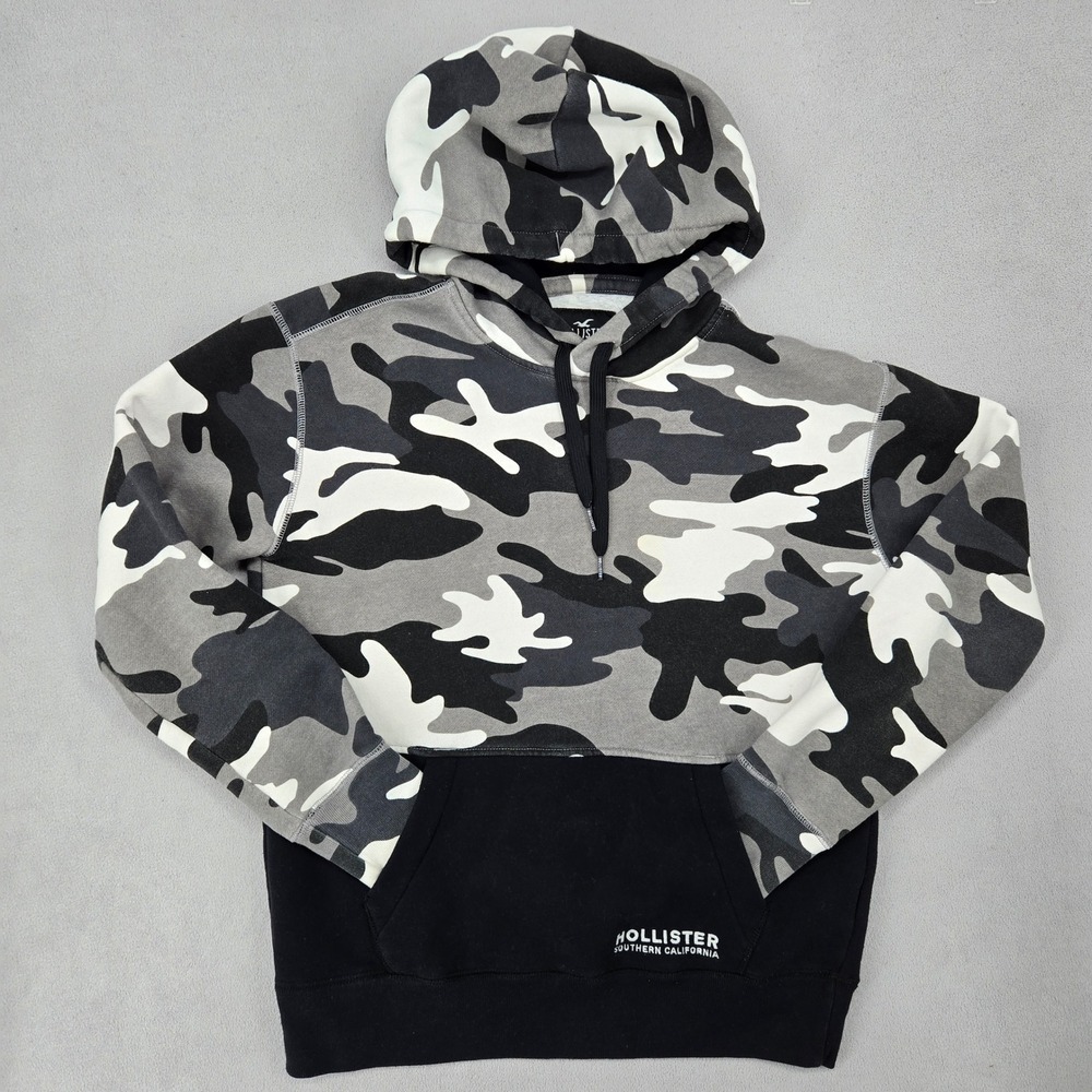Hollister Small Camo Colorblock Pullover Hoodie Mens Grey Black Streetwear S